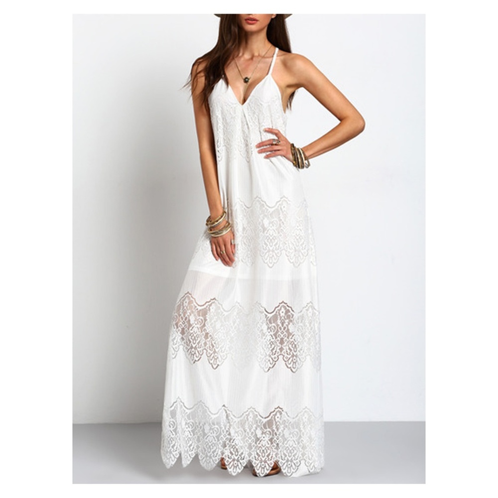 LAST ONE! White Sleeveless V Neck Lace Maxi Dress - Picture 3 of 5